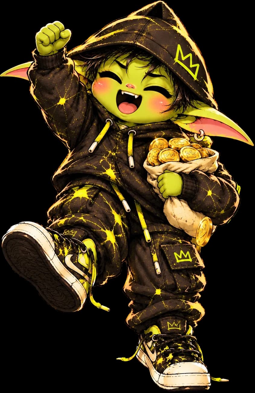 PLEADR dancing with a bag of gold coins